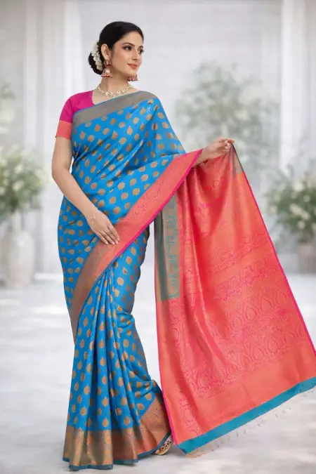Blue, Pink Banarasi Silk Banarasi Saree (Regular Sari)
