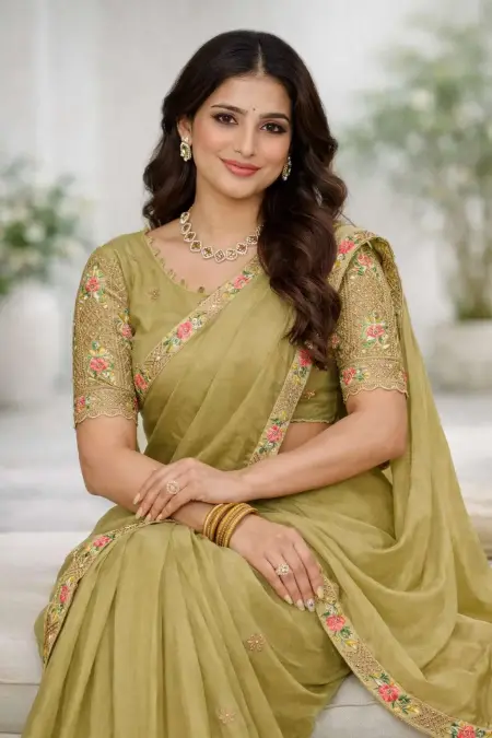 Olive Silk Blend Bollywood Saree - Festive (Regular Sari) (Free Size) view 3
