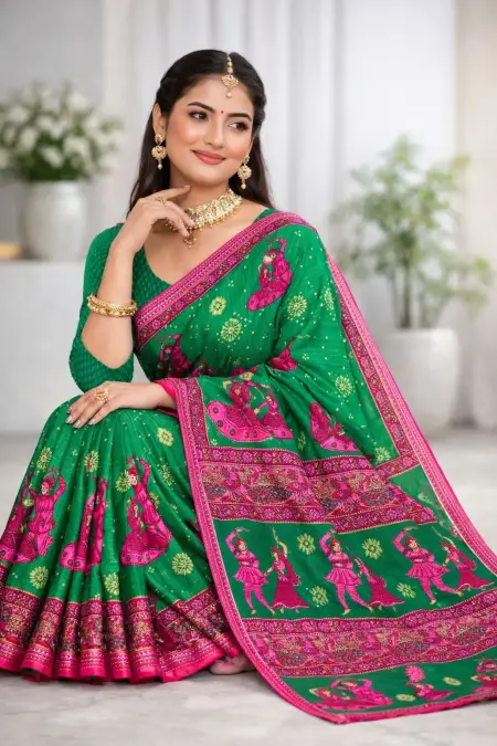 Green, Pink Cotton Bandhani Saree (Regular Sari) view 3