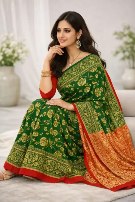 Green, Pink Banarasi Silk Banarasi Saree - Casual (Regular Sari) (Free Size) view 3