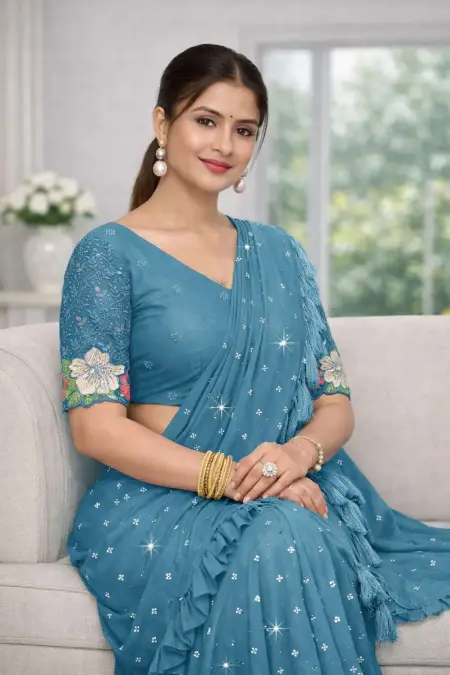 Blue Georgette Bollywood Saree (Regular Sari) view 3