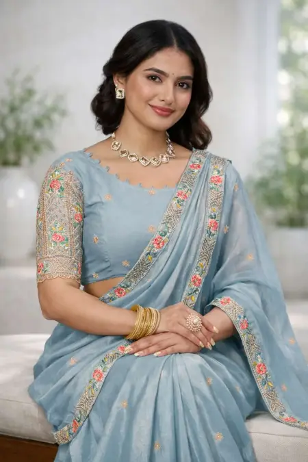 Baby Blue Silk Blend Bollywood Saree - Festive (Regular Sari) (Free Size) view 3