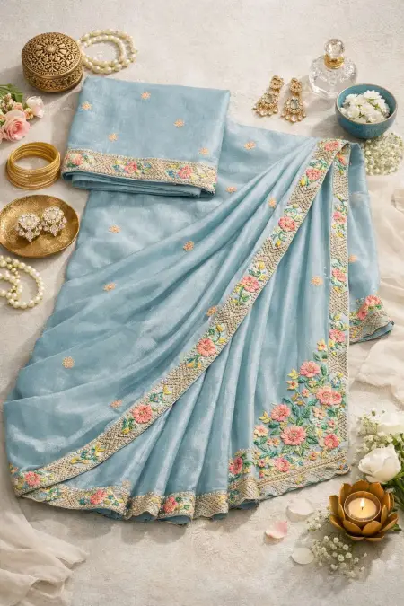 Baby Blue Silk Blend Bollywood Saree - Festive (Regular Sari) (Free Size) view 4
