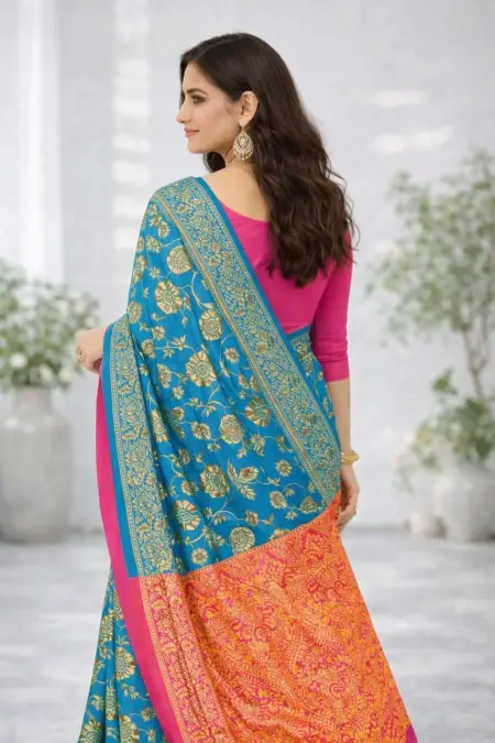 Pink, Teal Banarasi Silk Banarasi Saree - Casual (Regular Sari) (Free Size) view 3