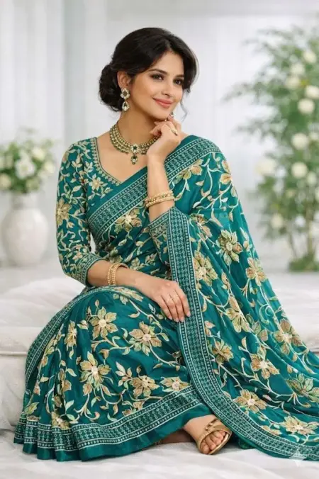 Teal Georgette Bandhani Saree - Casual (Regular Sari) (Free Size) view 3
