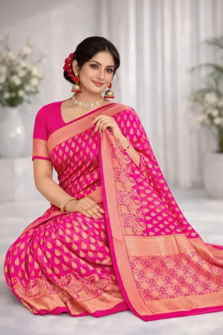 Pink Art Silk Banarasi Saree view 3
