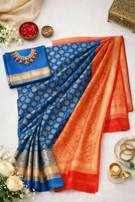 Navy Blue, Pink Banarasi Silk Banarasi Saree (Regular Sari) view 4