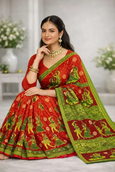 Green, Red Cotton Bandhani Saree (Regular Sari) view 3