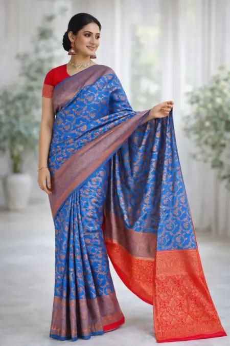 Light Blue, Pink Banarasi Silk Banarasi Saree (Regular Sari)