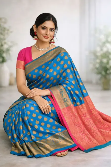 Blue, Pink Banarasi Silk Banarasi Saree (Regular Sari) view 3