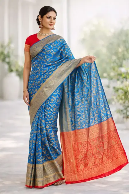 Light Blue, Red Art Silk Bollywood Saree (Regular Sari)