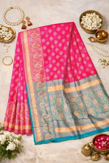 Mint Green, Pink Banarasi Silk Banarasi Saree (Regular Sari) view 4