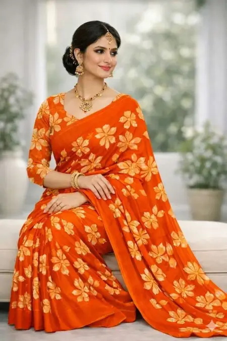 Orange Georgette Bandhani Saree (Regular Sari) view 3