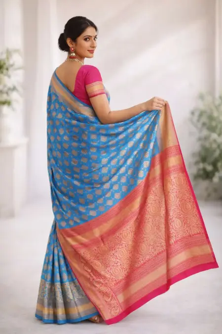 Light Blue, Pink Banarasi Silk Banarasi Saree (Regular Sari) view 2