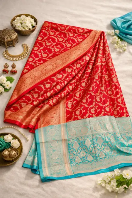 Aqua Blue, Red Banarasi Silk Banarasi Saree - Casual (Regular Sari) (Free Size) view 4