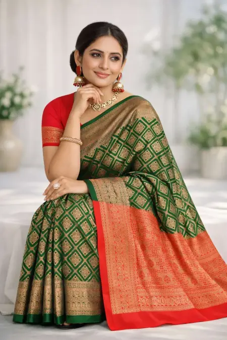 Green, Red Banarasi Silk Banarasi Saree (Regular Sari) view 3