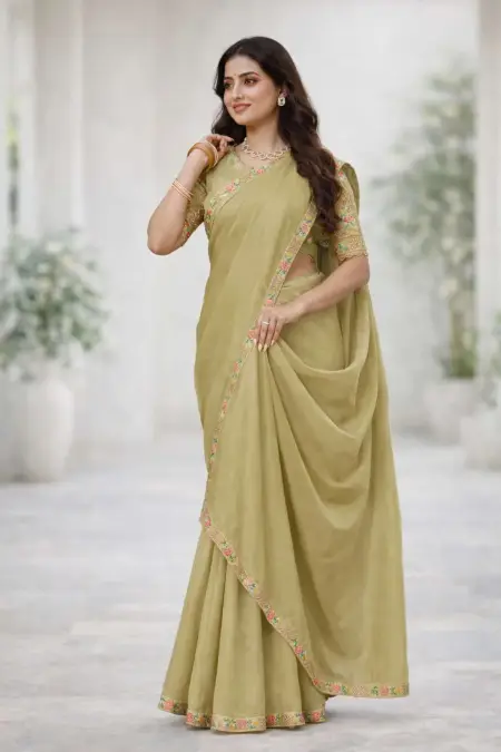Olive Silk Blend Bollywood Saree - Festive (Regular Sari) (Free Size)