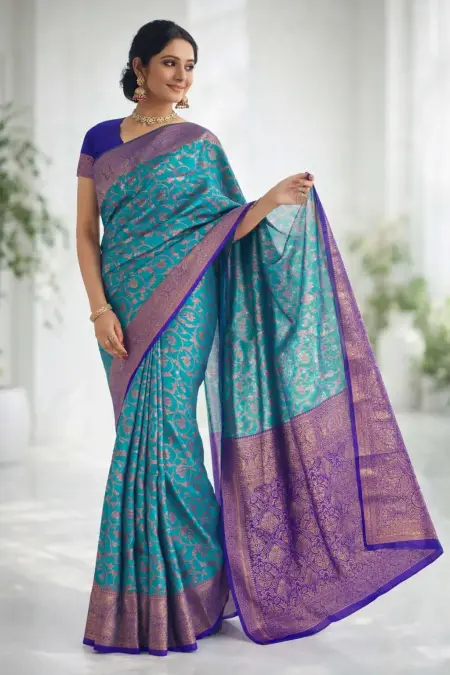 Aqua Blue, Purple Banarasi Silk Banarasi Saree (Regular Sari)