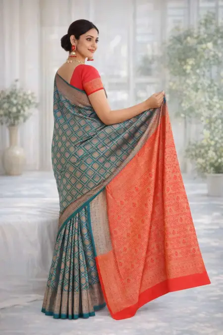 Red, Teal Banarasi Silk Banarasi Saree (Regular Sari) view 2