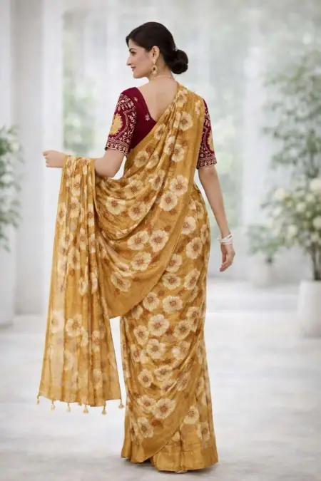 Beige, Dark Green, Gajari, Gold, Khaki, Light Blue, Maroon, Nude, Orange, Peach, Rust, Yellow Chinon Two Tone Saree (Regular Sari) view 2