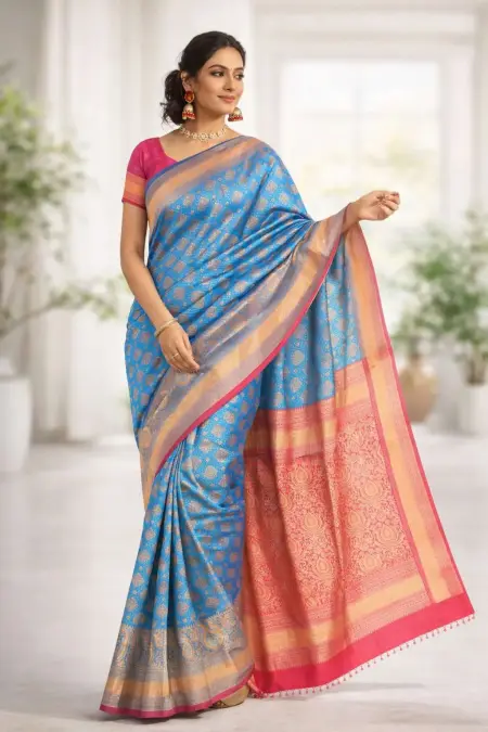 Light Blue, Pink Banarasi Silk Banarasi Saree (Regular Sari)