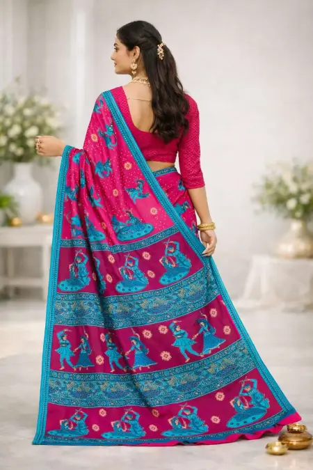 Blue, Pink Cotton Bandhani Saree (Regular Sari) view 2