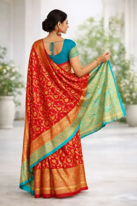 Light Blue, Red Art Silk Bollywood Saree (Regular Sari) view 2