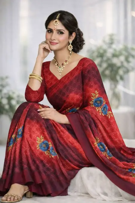 Maroon Georgette Bandhani Saree (Regular Sari) view 3