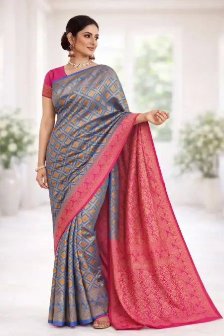 Light Blue, Pink Banarasi Silk Banarasi Saree (Regular Sari)