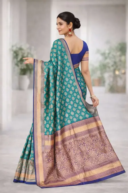 Navy Blue, Turquoise, Rama Banarasi Silk Banarasi Saree (Regular Sari) view 2