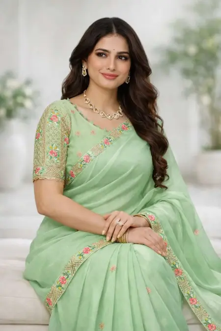 Light Green Silk Blend Bollywood Saree - Festive (Regular Sari) (Free Size) view 3