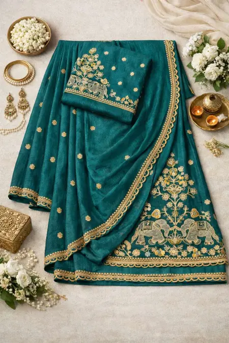Teal Art Silk Bollywood Saree - Casual (Regular Sari) (Free Size) view 4