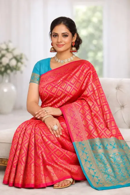 Light Blue, Pink Banarasi Silk Banarasi Saree (Regular Sari) view 3