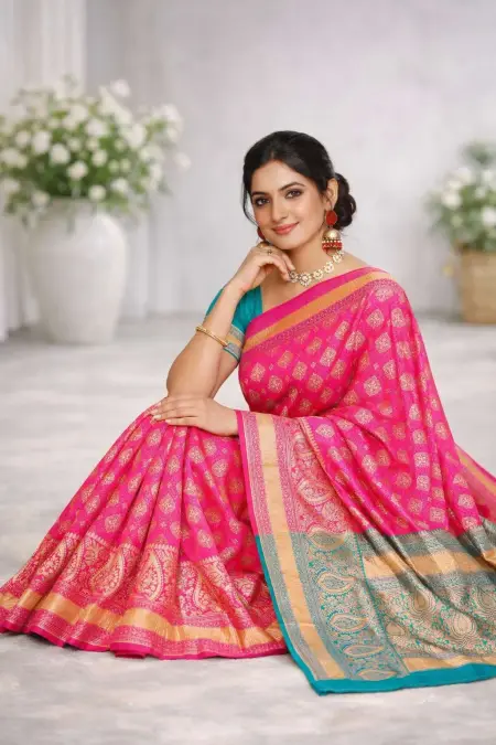 Mint Green, Pink Banarasi Silk Banarasi Saree (Regular Sari) view 3