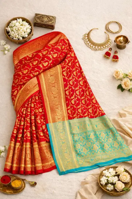 Light Blue, Red Art Silk Bollywood Saree (Regular Sari) view 4