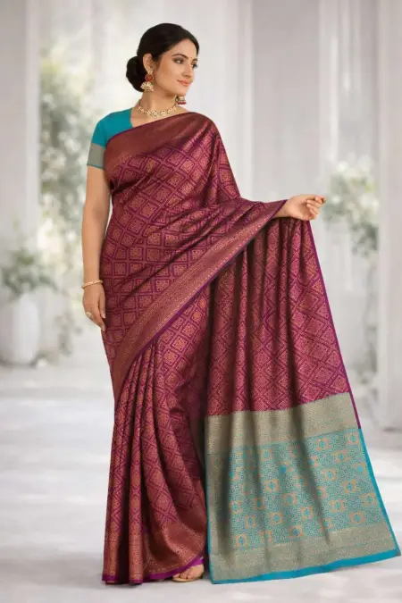Aqua Blue, Wine Banarasi Silk Banarasi Saree - Casual (Regular Sari) (Free Size)