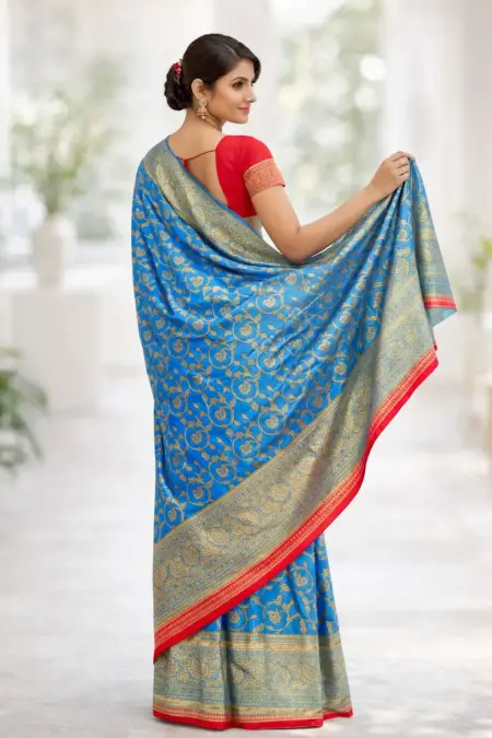 Light Blue, Red Art Silk Bollywood Saree (Regular Sari) view 2
