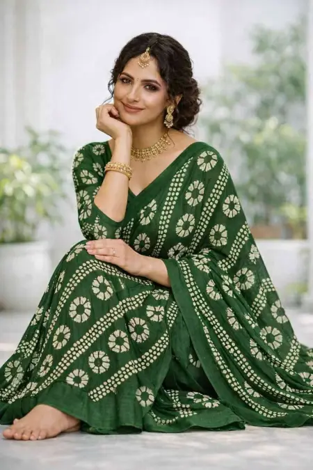 Green Georgette Bandhani Saree (Regular Sari) view 4
