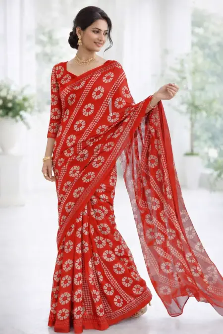 Red Georgette Bandhani Saree - Casual (Regular Sari) (Free Size)