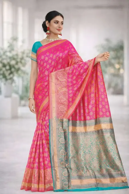 Mint Green, Pink Banarasi Silk Banarasi Saree (Regular Sari)