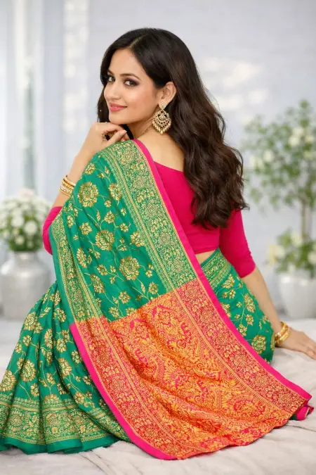 Green, Pink Banarasi Silk Banarasi Saree - Casual (Regular Sari) (Free Size) view 3