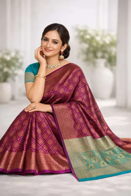 Aqua Blue, Wine Banarasi Silk Banarasi Saree - Casual (Regular Sari) (Free Size) view 3