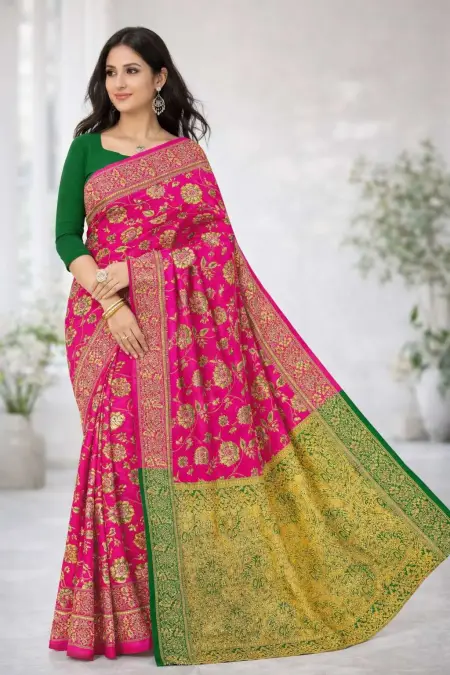 Green, Pink Banarasi Silk Banarasi Saree (Regular Sari)
