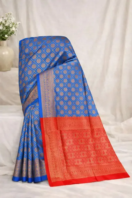 Blue, Red Banarasi Silk Banarasi Saree (Regular Sari) view 4