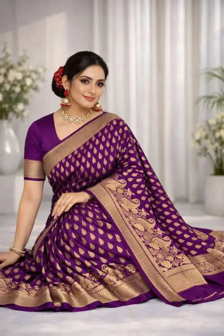 Wine Art Silk Banarasi Saree view 4