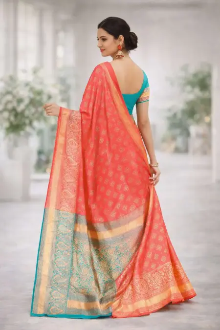 Aqua Blue, Orange, Turquoise Banarasi Silk Banarasi Saree (Regular Sari) view 2