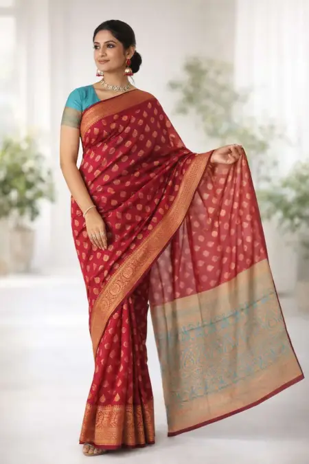 Aqua Blue, Magenta, Red Banarasi Silk Banarasi Saree (Regular Sari)