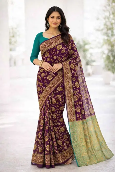 Teal, Wine Banarasi Silk Banarasi Saree (Regular Sari) view 4