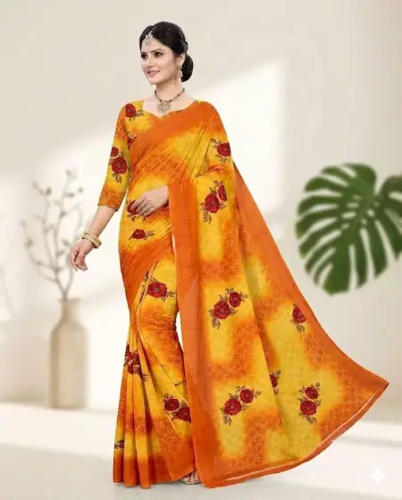 Orange, Yellow Georgette Bandhani Saree - Casual (Regular Sari) (Free Size)