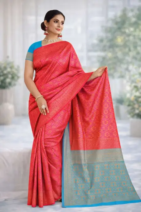 Aqua Blue, Red Banarasi Silk Banarasi Saree (Regular Sari) view 2